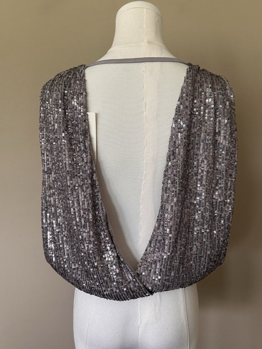 Silver Sequin Party Top Women S Open Back Draped Blouse Cocktail Holiday Glam — image 3 of 7